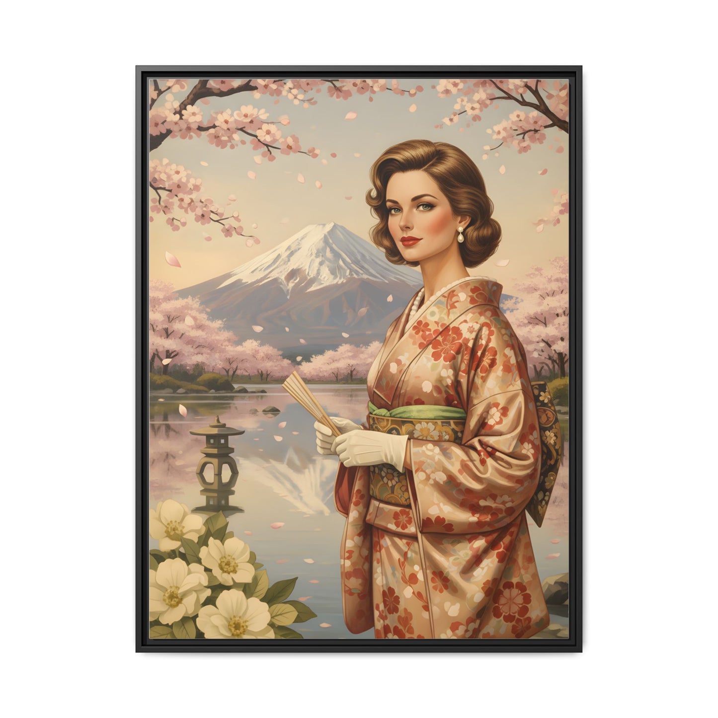 Framed Matte Canvas Art — Vintage Geisha in Kimono with Mount Fuji