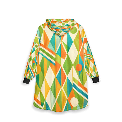 Geometric Retro Hoodie - Vibrant Mid-Century Diamond & Stripe Pattern