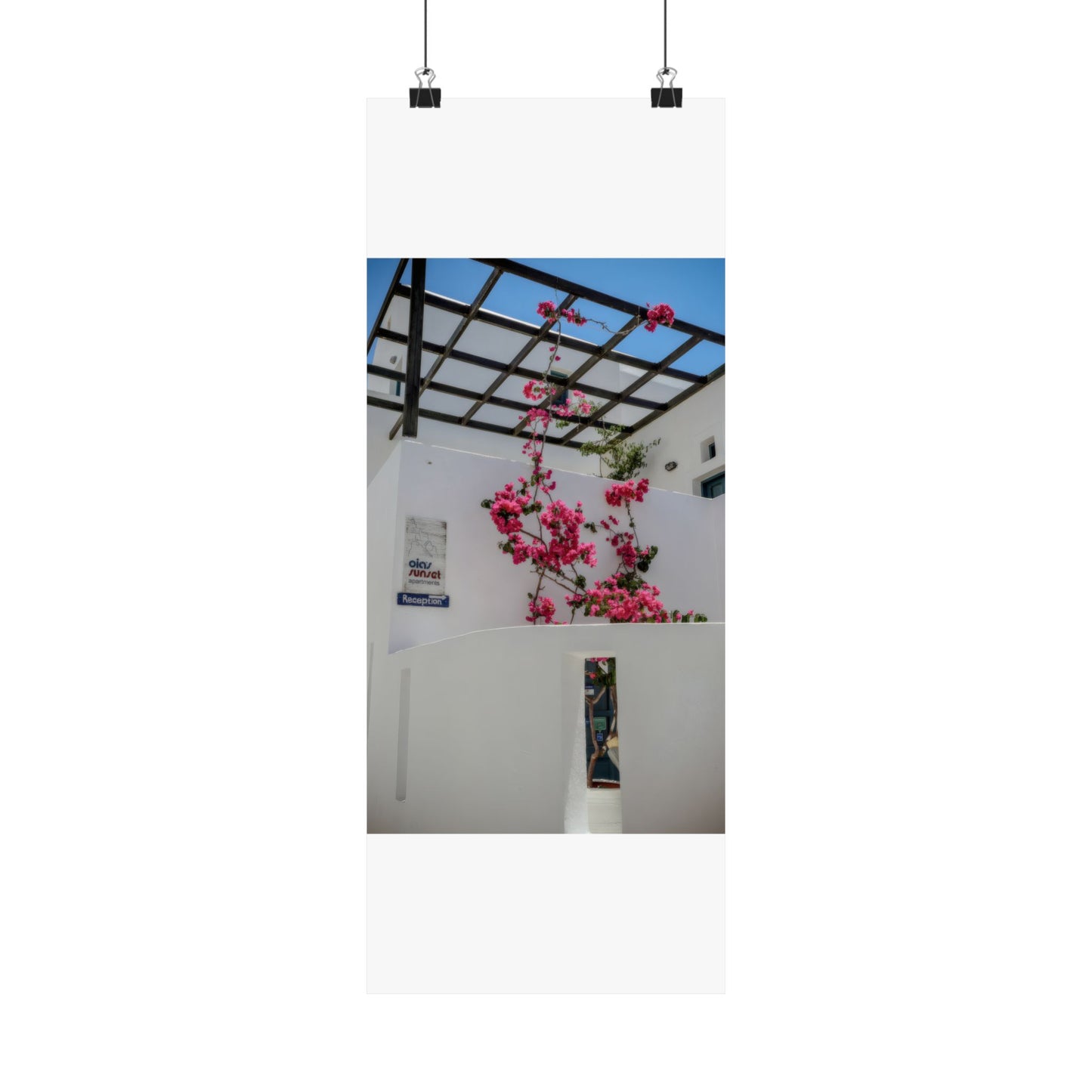 Santorini Bougainvillea Poster, Oia Greece White Architecture Art, Mediterranean Floral Wall Decor, Greek Island Photography Print Art Decor