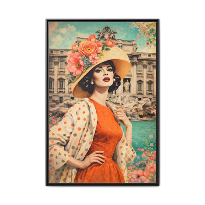 Elegant glamorous vintage woman in Rome front of Trevi Fountain, retro Italian travel fashion illustration,Framed Matte Canvas Art