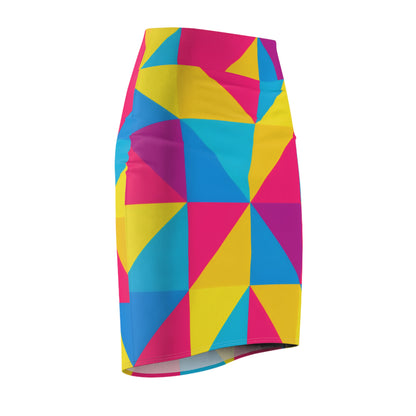 Geometric Colorblock Pencil Skirt — Neon Pink, Yellow & Cyan AOP