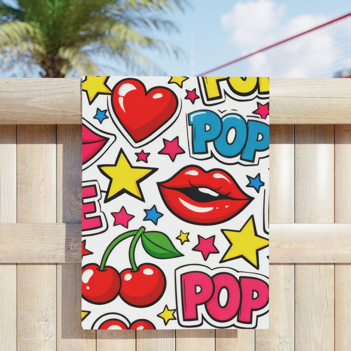 Pop Art Cherry Beach Towel — Fun Lips, Hearts & "POP" Pattern
