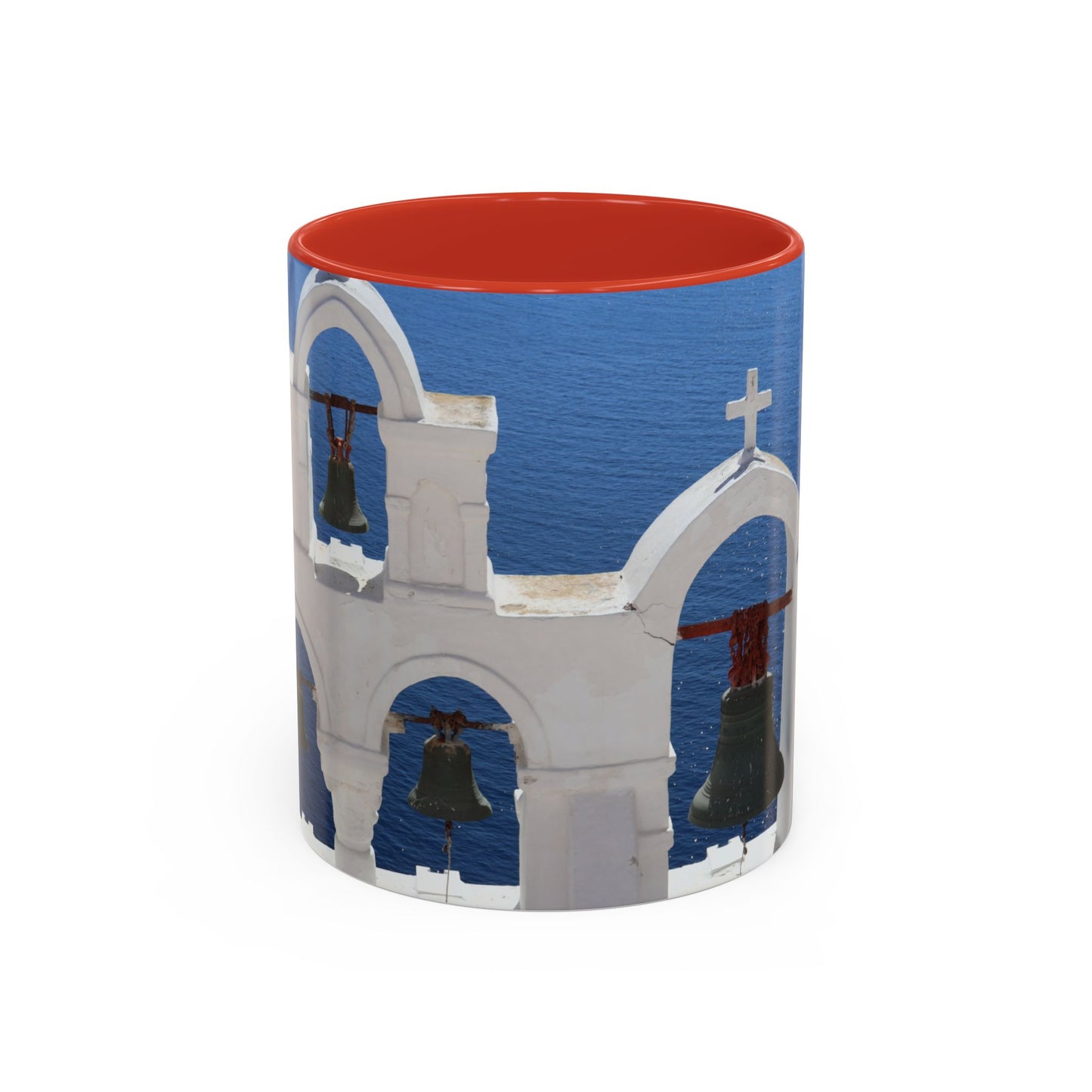 Santorini Bell Towers coffee mug | Greek island scene, blue sea accent mug