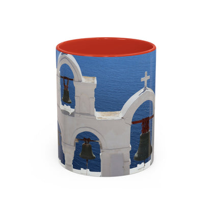 Santorini Bell Towers coffee mug | Greek island scene, blue sea accent mug