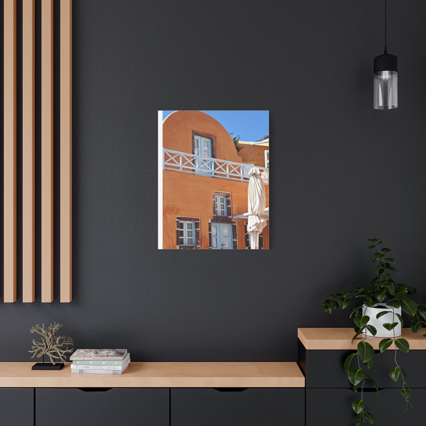 Oia Santorini Orange Facade Canvas — Mediterranean Terracotta Matte Wall Art