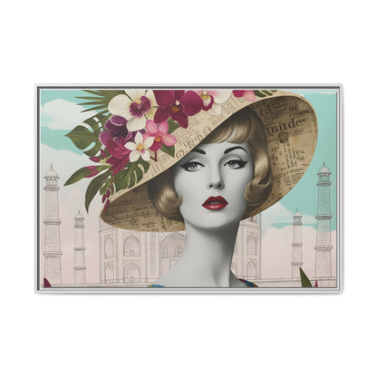 Elegant vintage pop art woman in front of Taj Mahal in India Canvas Wall Art