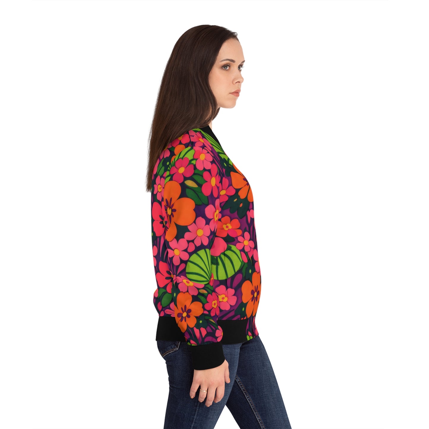 Floral Retro Bomber Jacket — Bright Pink & Orange All-Over Print