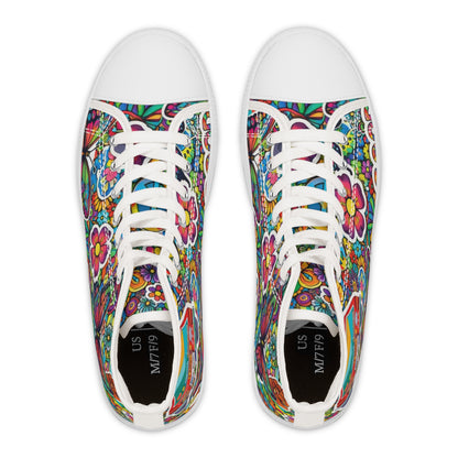 Women’s High Top Sneakers — Colorful 60s Hippie Peace Floral Print ("Peace" & "Good Vibes")