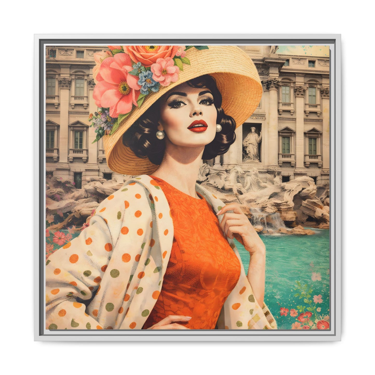 Elegant glamorous vintage woman in Rome front of Trevi Fountain, retro Italian travel fashion illustration,Framed Matte Canvas Art