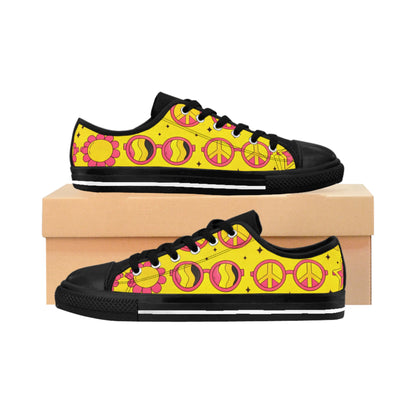 Peace Sign Floral Women's Sneakers — Yellow Retro Boho Canvas Shoes