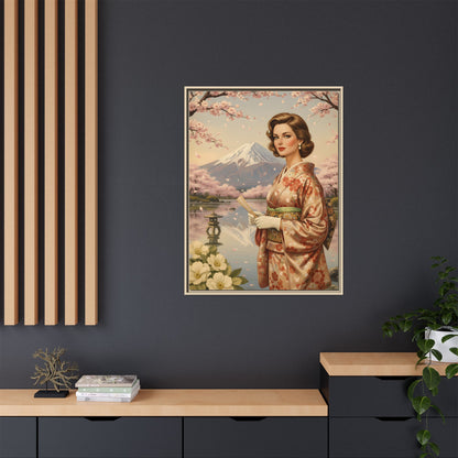Framed Matte Canvas Art — Vintage Geisha in Kimono with Mount Fuji