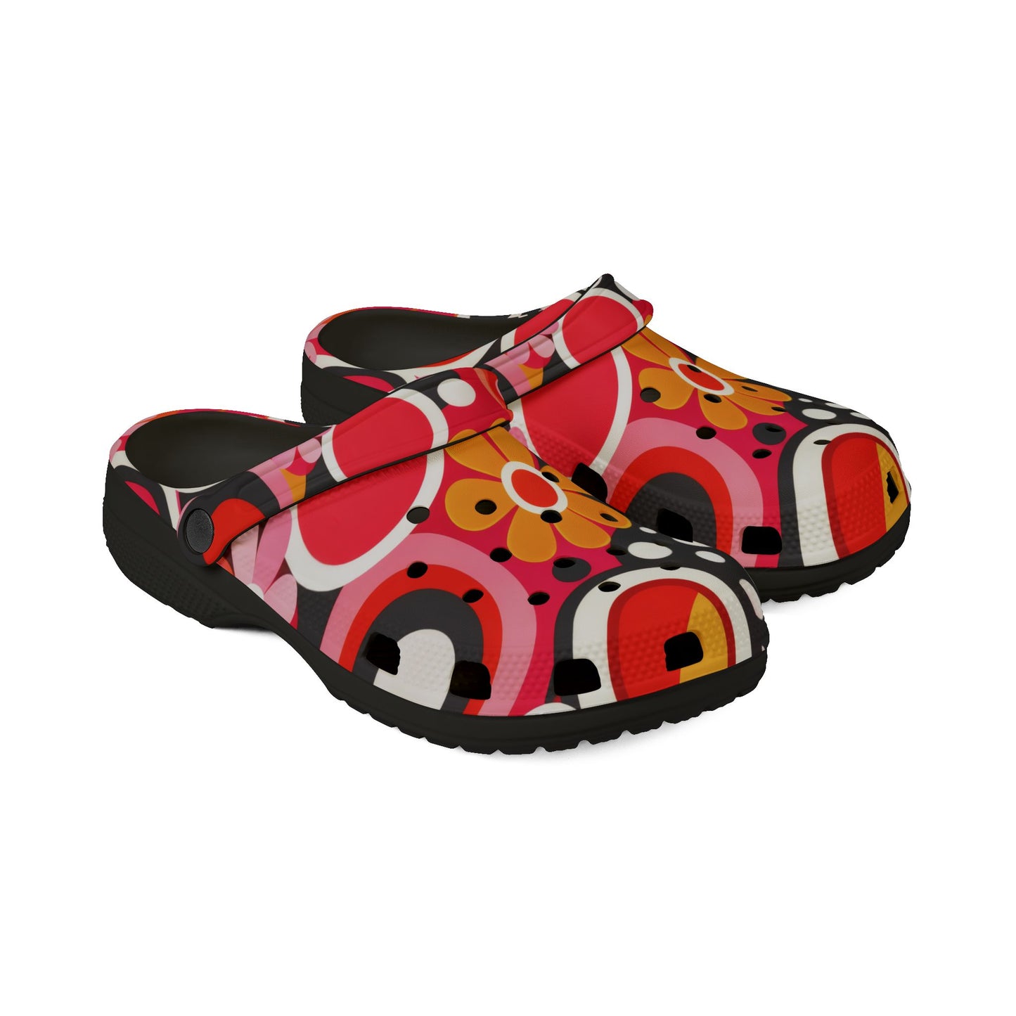 Red Retro Circles EVA Clogs – Floral Pop Garden Slip-On Shoes