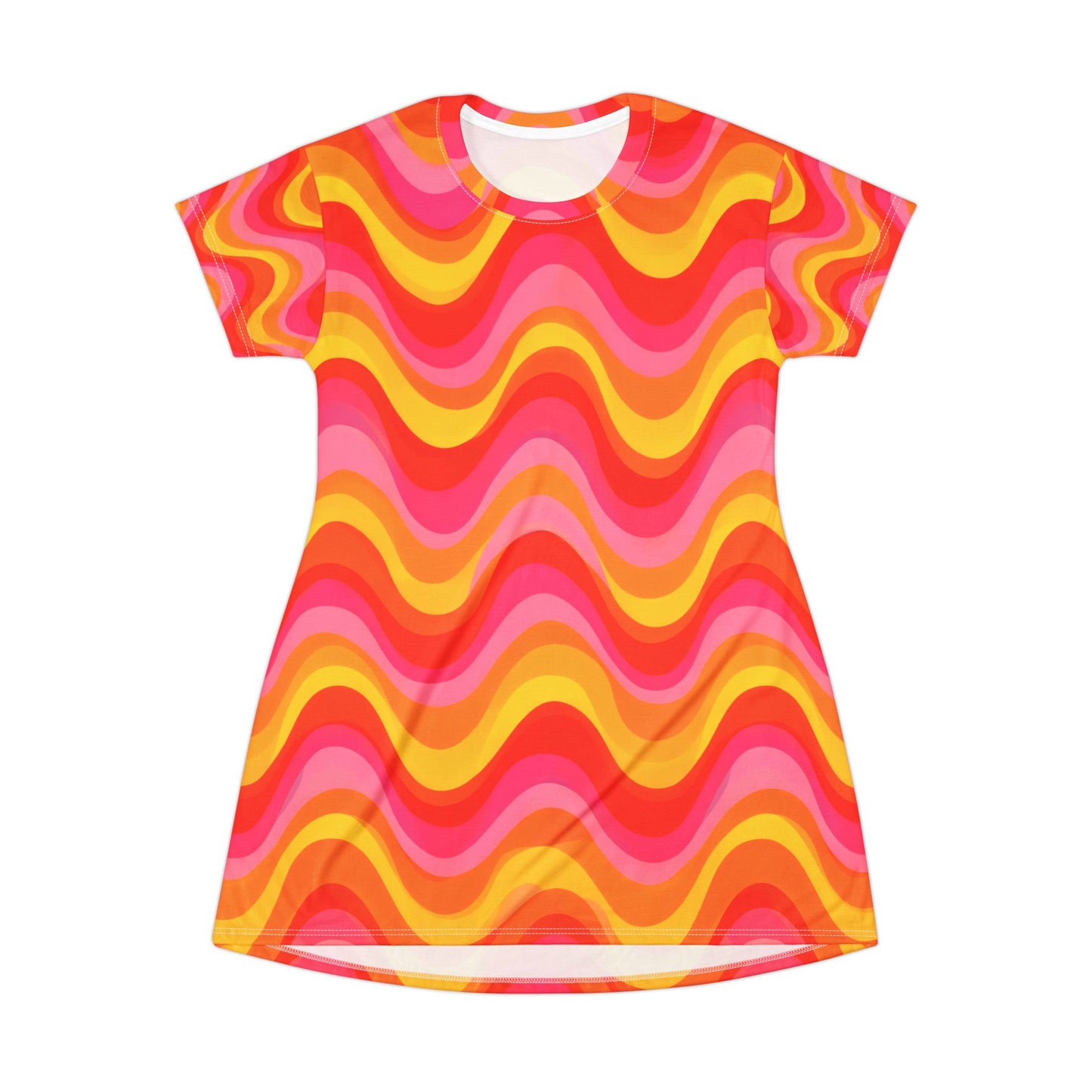 Retro Wavy All-Over Print T-Shirt Dress — Vibrant 70s Psychedelic Waves