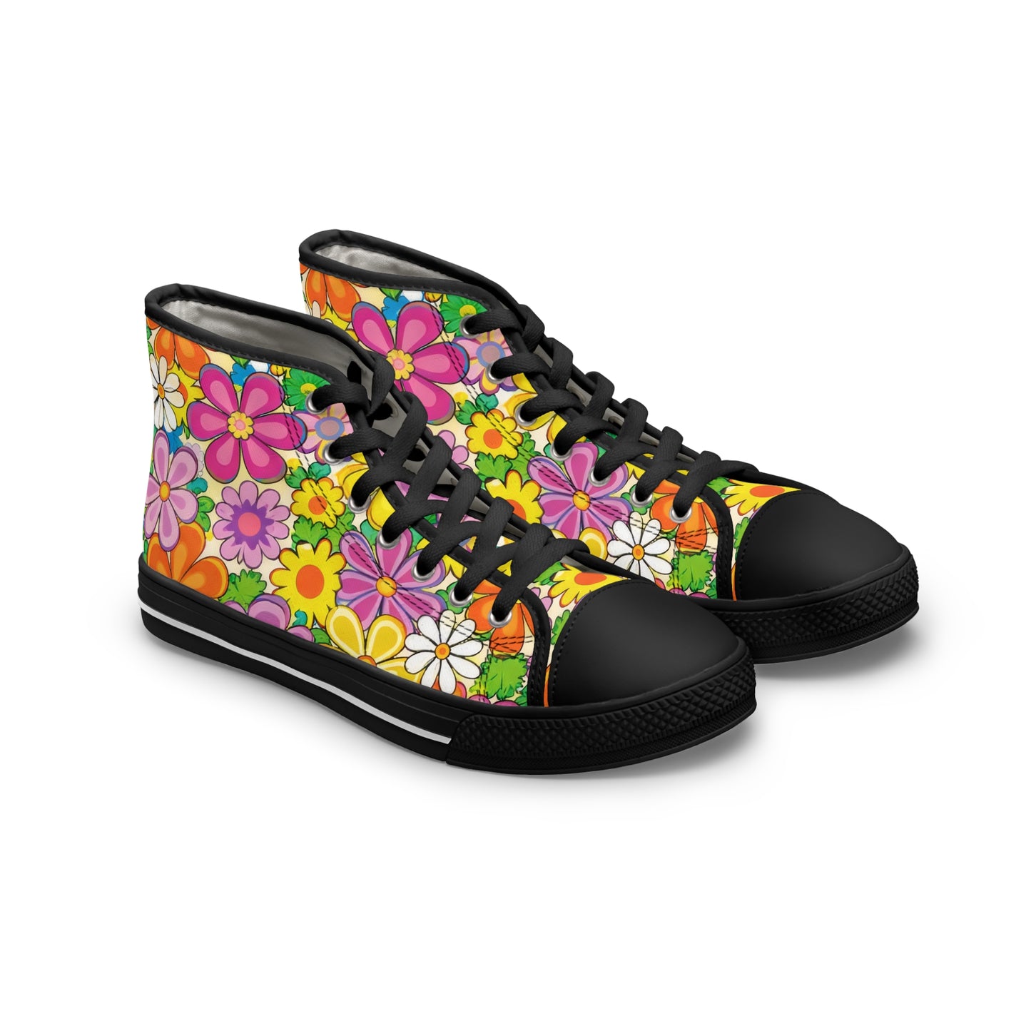 Women's Floral High-Top Sneakers — Retro 60s Daisy Print