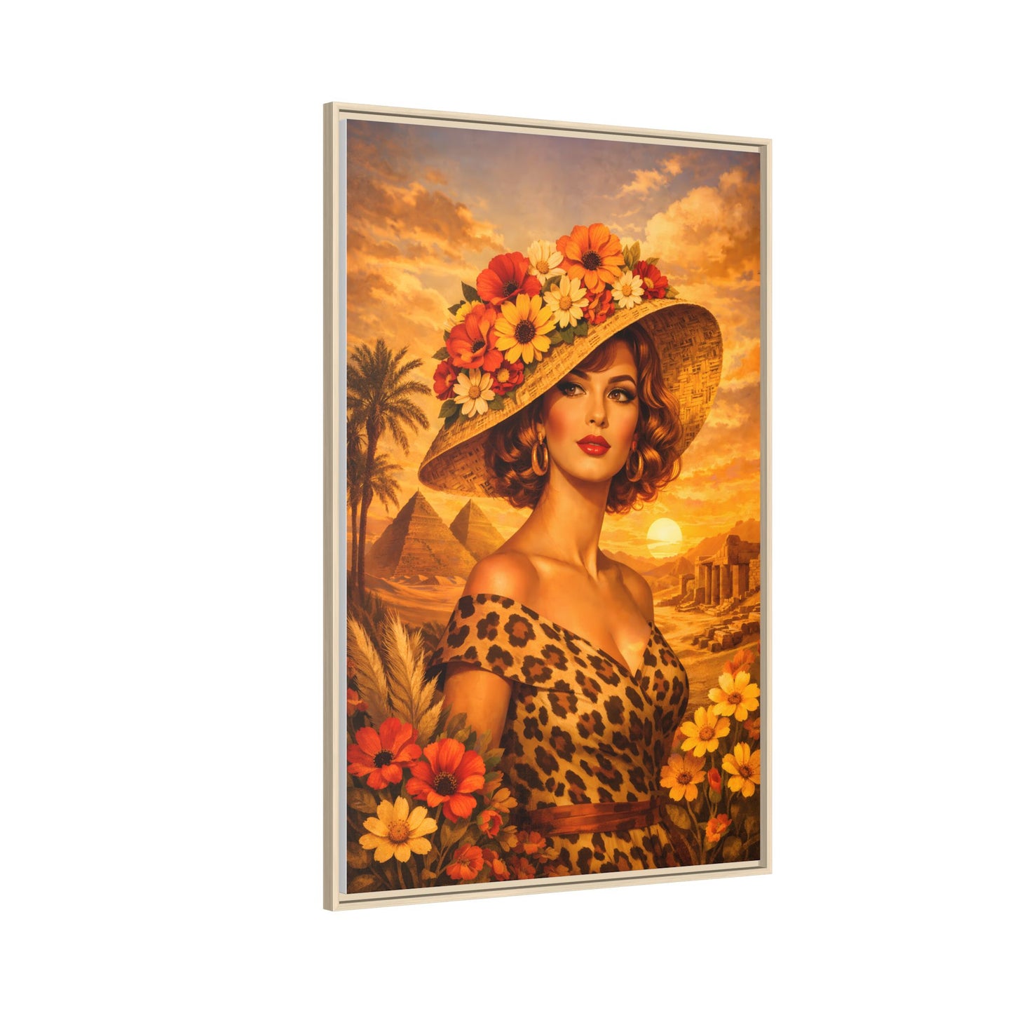 Elegant glamorous vintage woman in Egypt front of Giza pyramids at sunset, retro safari travel fashion illustration, Framed