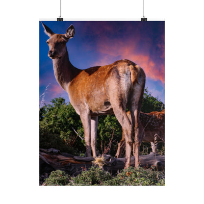 Majestic Deer Sunset Poster, Wild Doe and Fawn Nature Art, Purple Sky Wildlife Photography, Aesthetic Forest Wall Decor