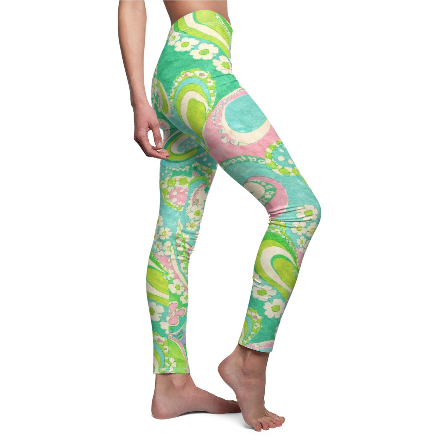 Floral Paisley Leggings — Retro Green & Pink All-Over Print