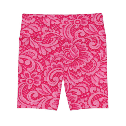 Floral Pink Women's Workout Shorts — High-Waist Athletic Biker Shorts