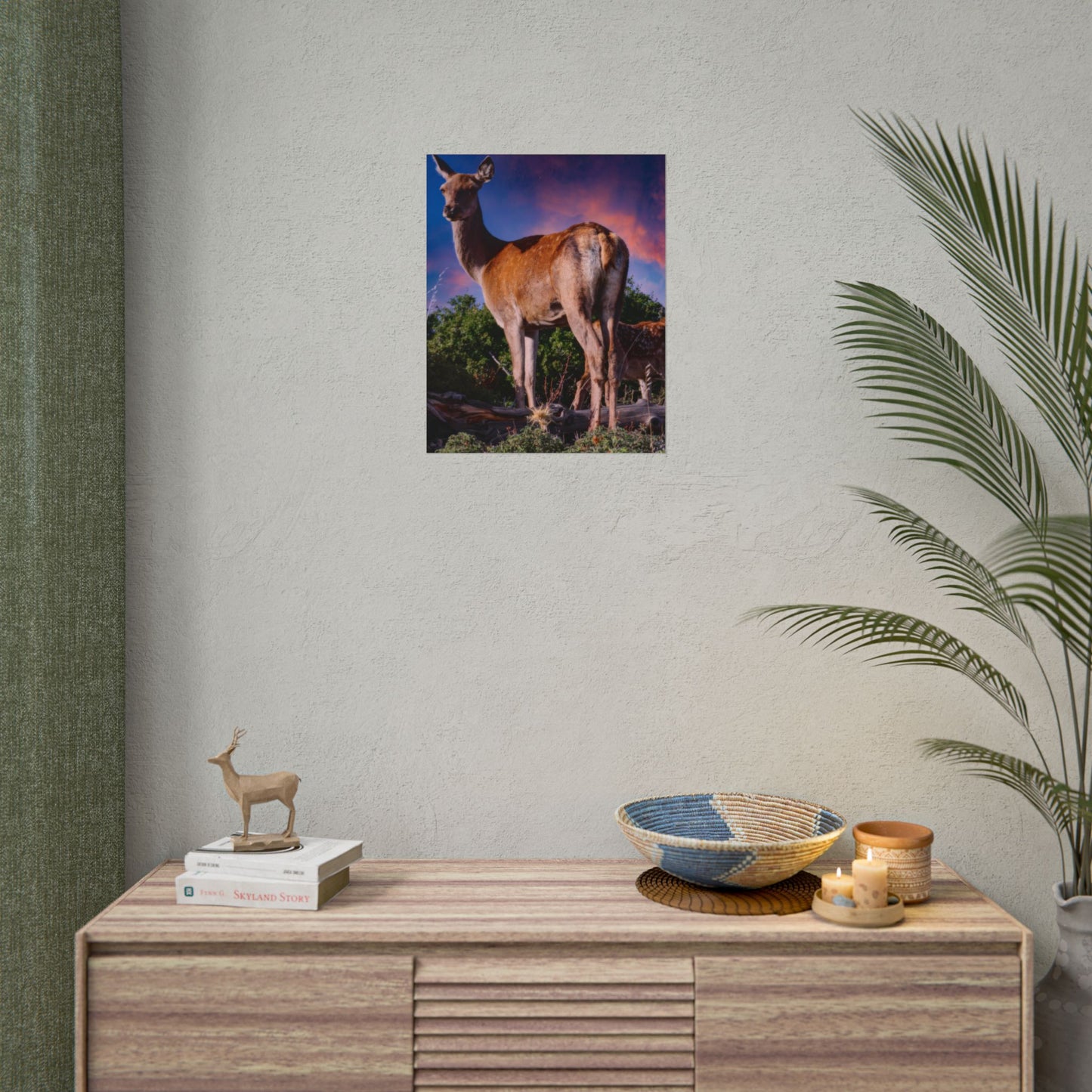 Majestic Deer Sunset Poster, Wild Doe and Fawn Nature Art, Purple Sky Wildlife Photography, Aesthetic Forest Wall Decor