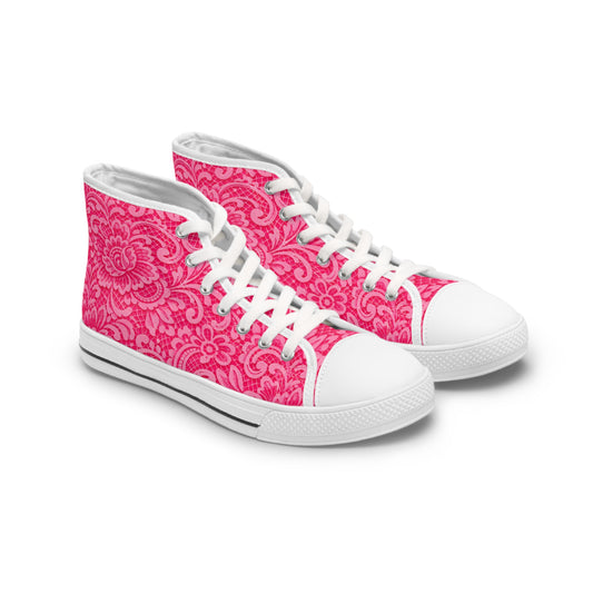 Pink Floral Lace High-Top Sneakers — Women's Patterned Canvas Shoes