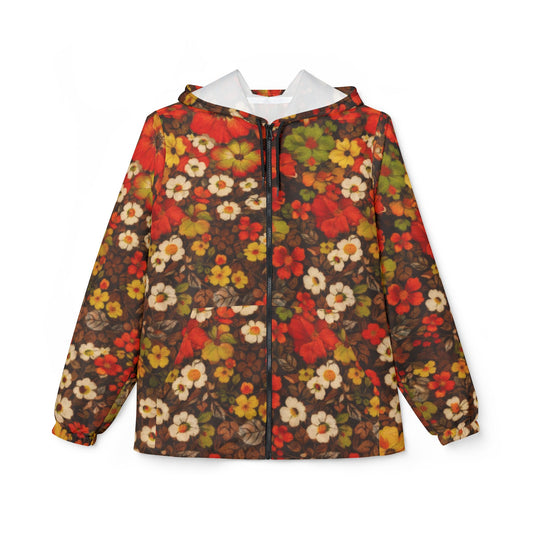 Floral Fall Windbreaker Jacket — Retro Orange & Brown All-Over Print