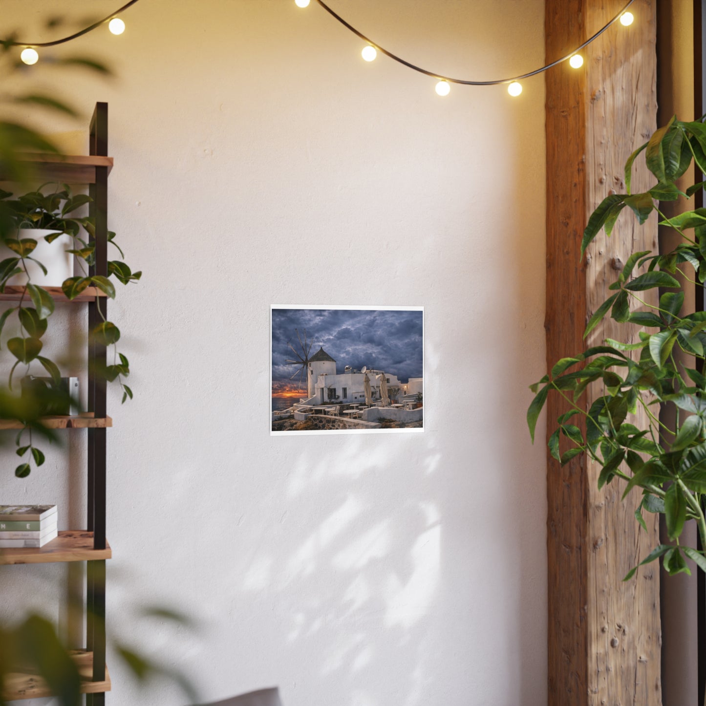 Oia Santorini Windmill Sunset Poster — Mediterranean Landscape Photo Art Print