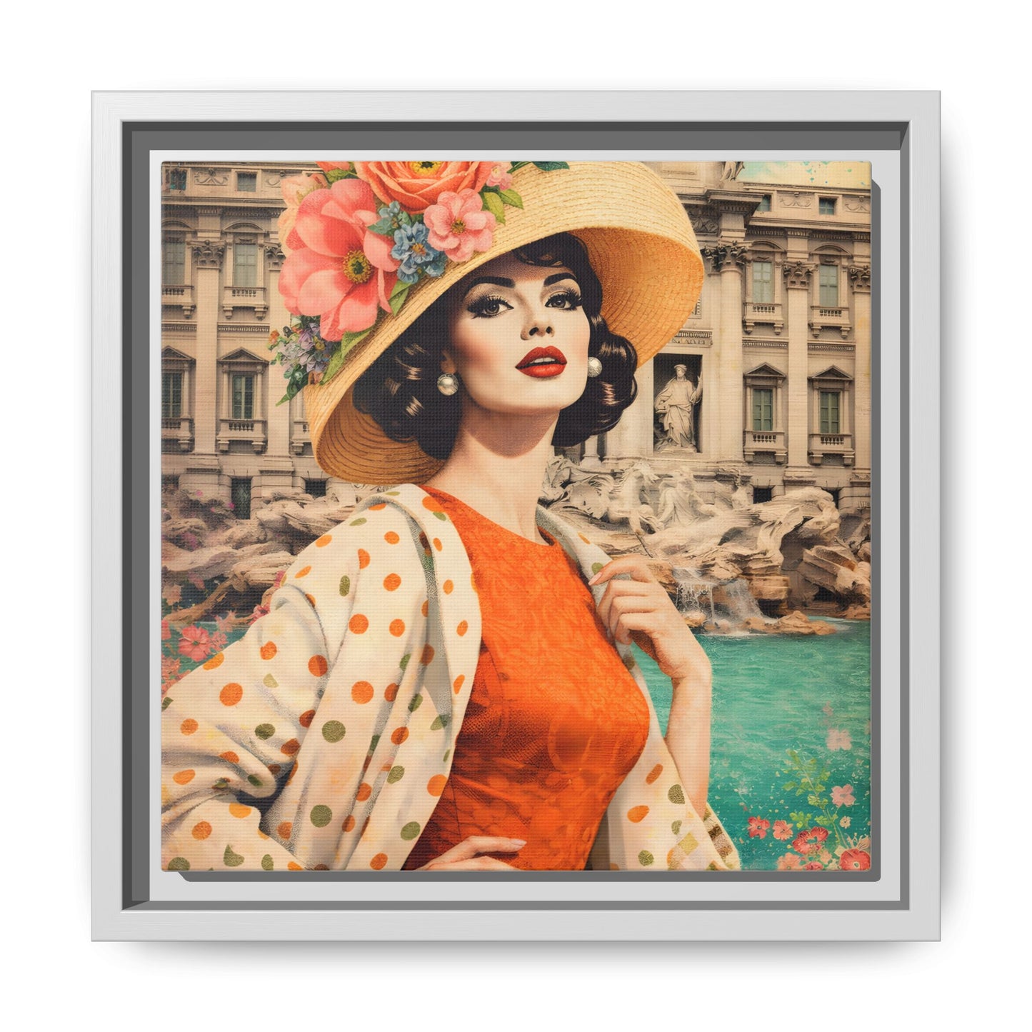 Elegant glamorous vintage woman in Rome front of Trevi Fountain, retro Italian travel fashion illustration,Framed Matte Canvas Art