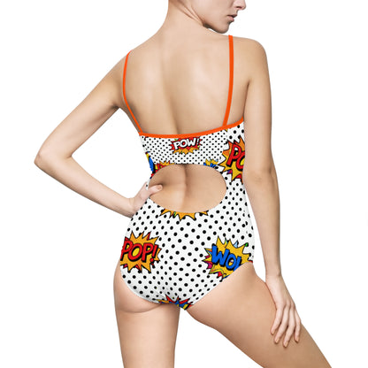 Comic Pop Art One‑Piece Swimsuit — "WOW! POW! POP!" Retro Dotted Print
