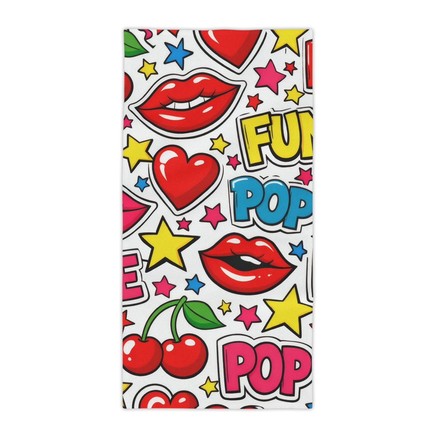 Pop Art Cherry Beach Towel — Fun Lips, Hearts & "POP" Pattern