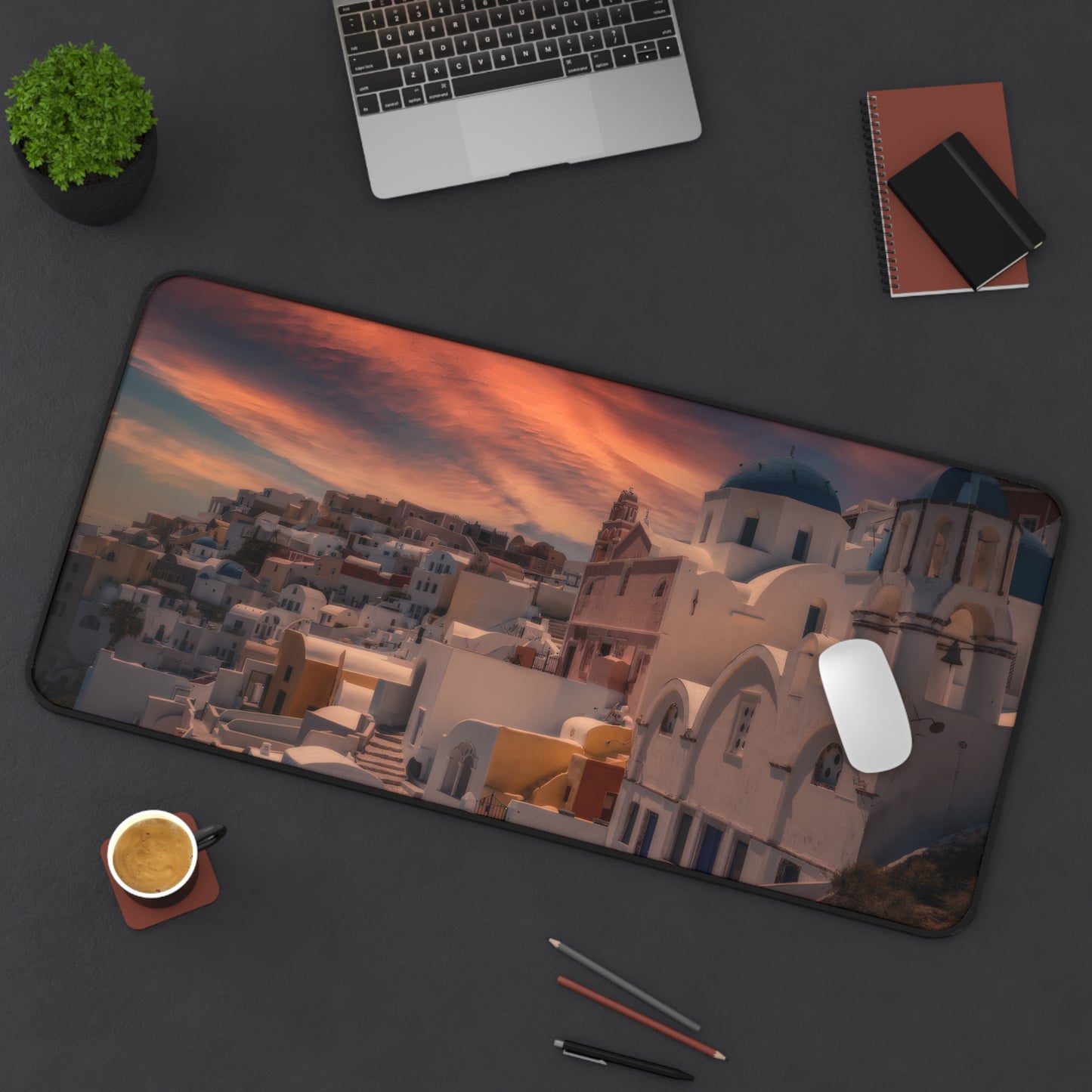 Santorini Sunset Desk Mat, Oia Greece Blue Dome Mouse Pad, Dreamy Mediterranean Sky Decor, Greek Island Office Gift, Large Aesthetic Deskpad