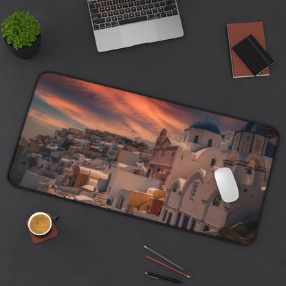 Santorini Sunset Desk Mat, Oia Greece Blue Dome Mouse Pad, Dreamy Mediterranean Sky Decor, Greek Island Office Gift, Large Aesthetic Deskpad