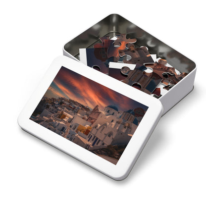 Santorini Sunset Jigsaw Puzzle, Oia Greece Blue Dome Game, Dreamy Mediterranean Sky Art, Greek Island Travel Gift, Aesthetic Scenic Puzzle