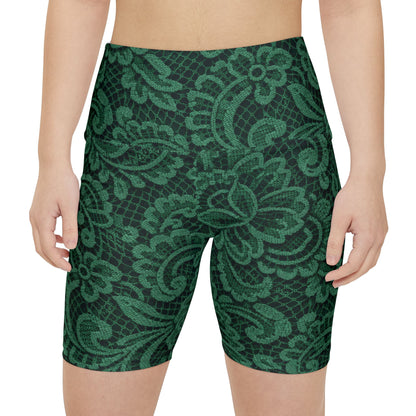 Green Lace Floral Women's Workout Shorts — High-Waist Activewear