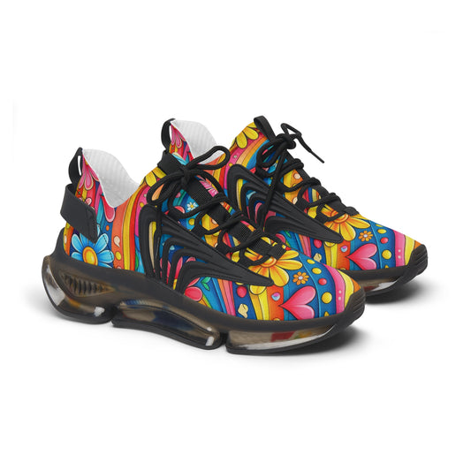 Mesh Sneakers — Colorful Retro Floral Heart Pattern