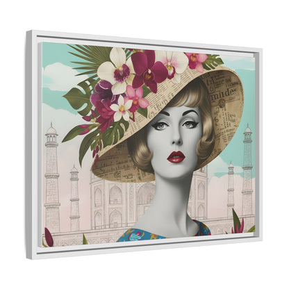 Elegant vintage pop art woman in front of Taj Mahal in India Canvas Wall Art