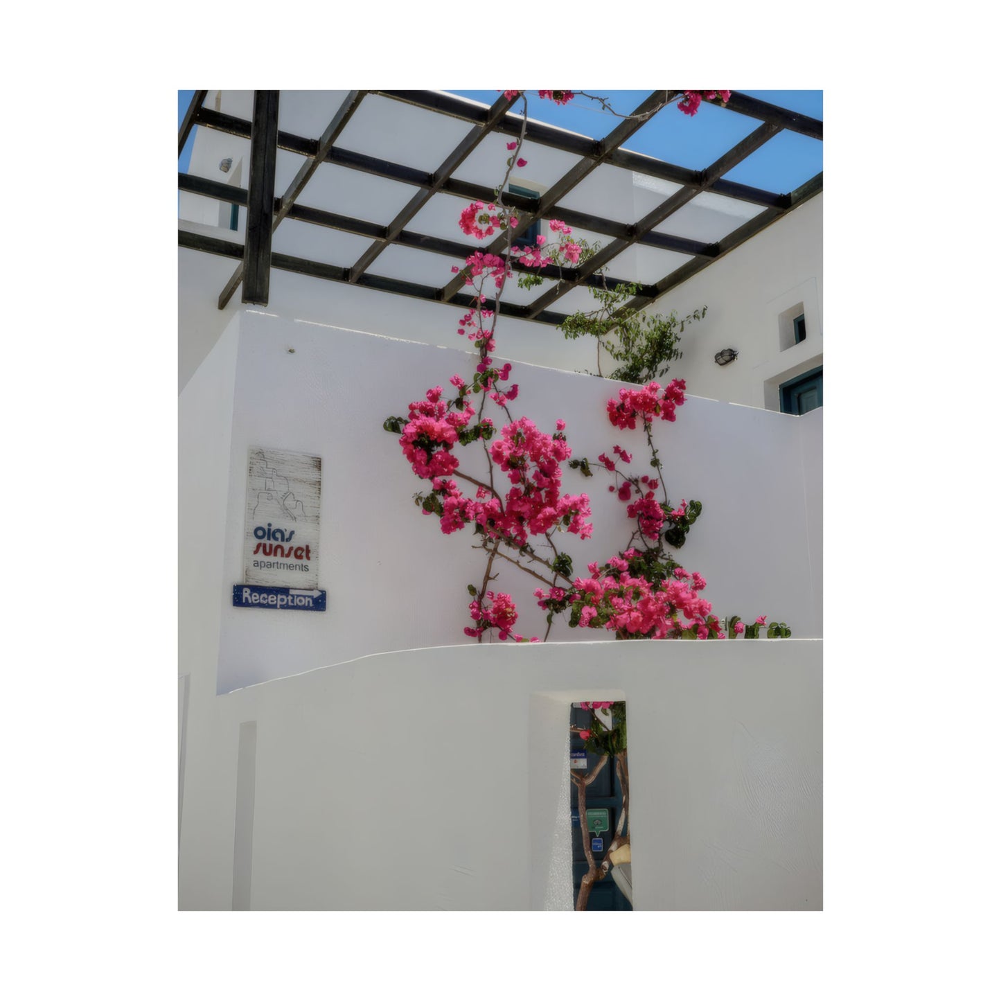 Santorini Bougainvillea Poster, Oia Greece White Architecture Art, Mediterranean Floral Wall Decor, Greek Island Photography Print Art Decor