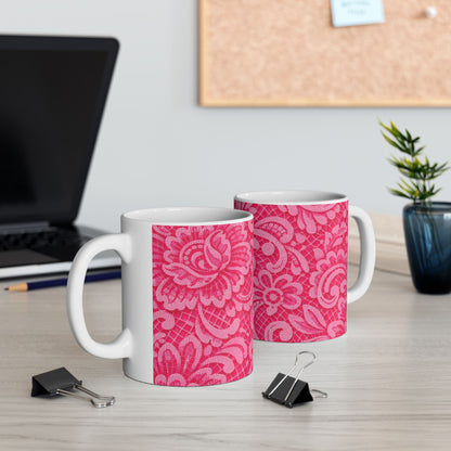 Pink Floral Lace Ceramic Mug — Decorative Paisley Pattern Coffee Cup (11oz, 15oz)