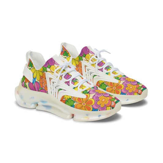 Floral Retro Mesh Sneakers — Women's Colorful 60s Flower Power Athletic Shoes