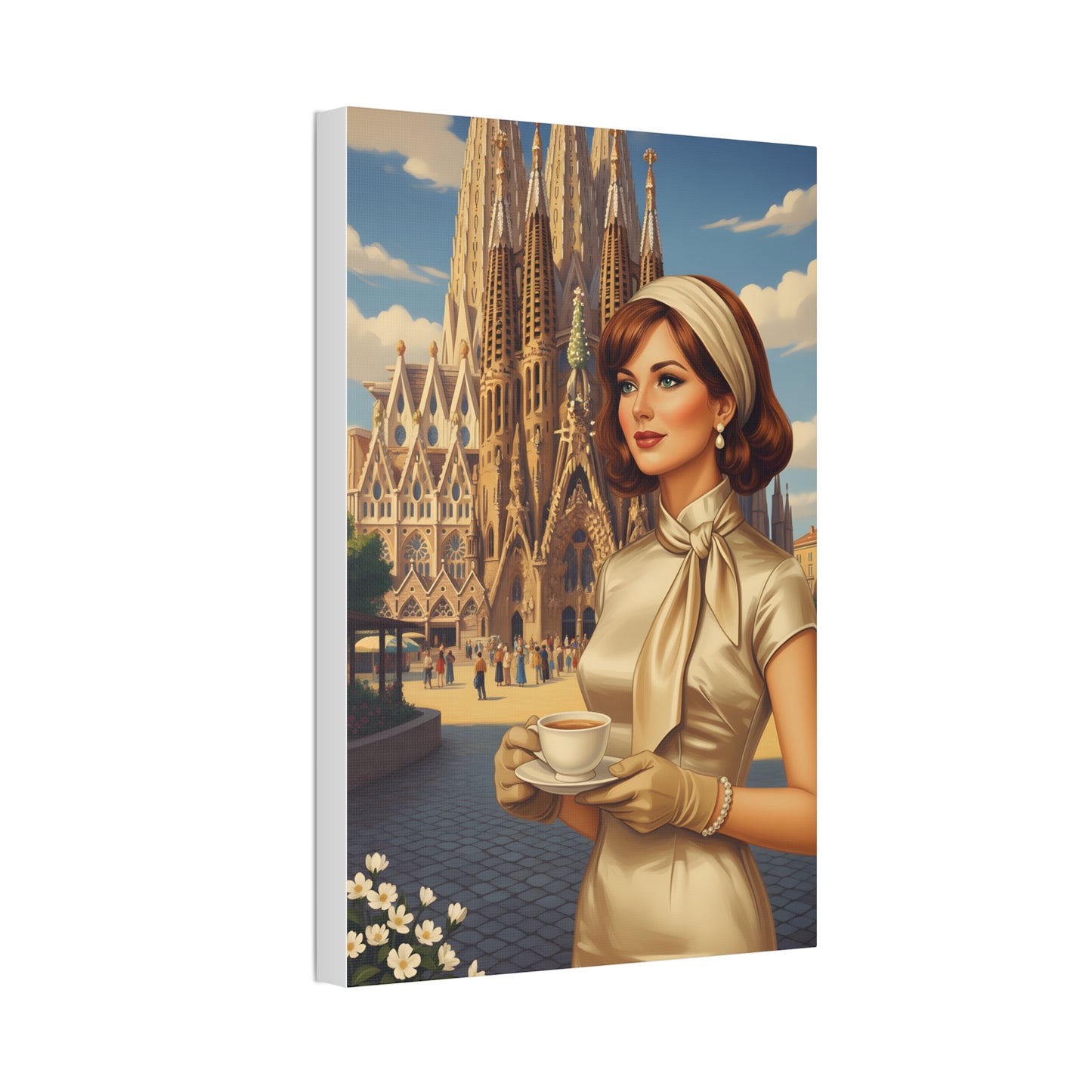 Elegant vintage woman drinking coffee in front of Sagrada Familia in Barcelona, retro fashion illustration Canvas Print - Stretched 1.5"