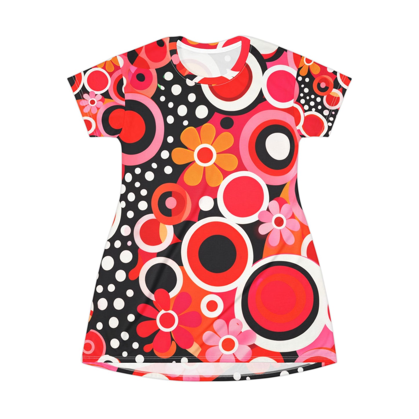 Retro Floral Circle Print T‑Shirt Dress — Bold 60s-Inspired AOP