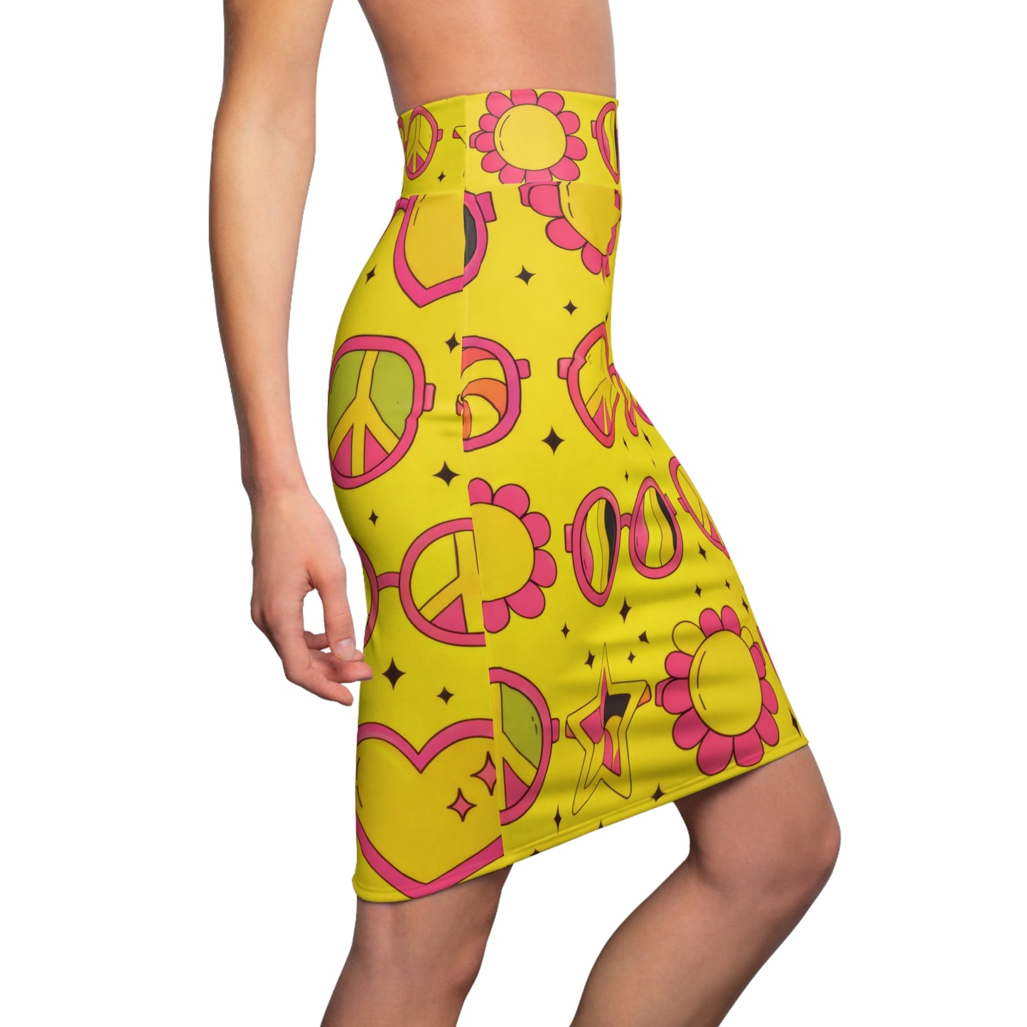 Retro 70s Hearts & Peace Pencil Skirt — Yellow Psychedelic Print