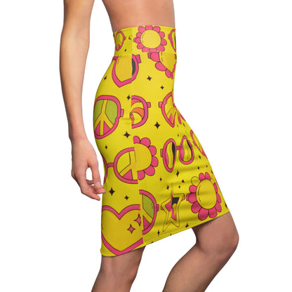 Retro 70s Hearts & Peace Pencil Skirt — Yellow Psychedelic Print