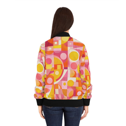 Retro Geometric Bomber Jacket — Pink & Yellow Abstract Pattern