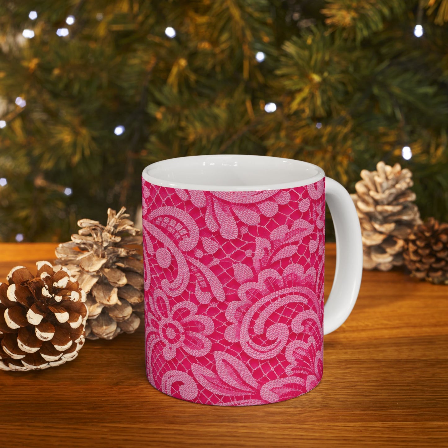 Pink Floral Lace Ceramic Mug — Decorative Paisley Pattern Coffee Cup (11oz, 15oz)