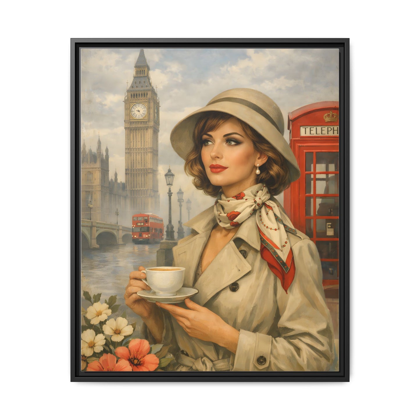Elegant vintage woman drinking tea in front of Big Ben in London, retro British travel fashion illustration Matte Canvas