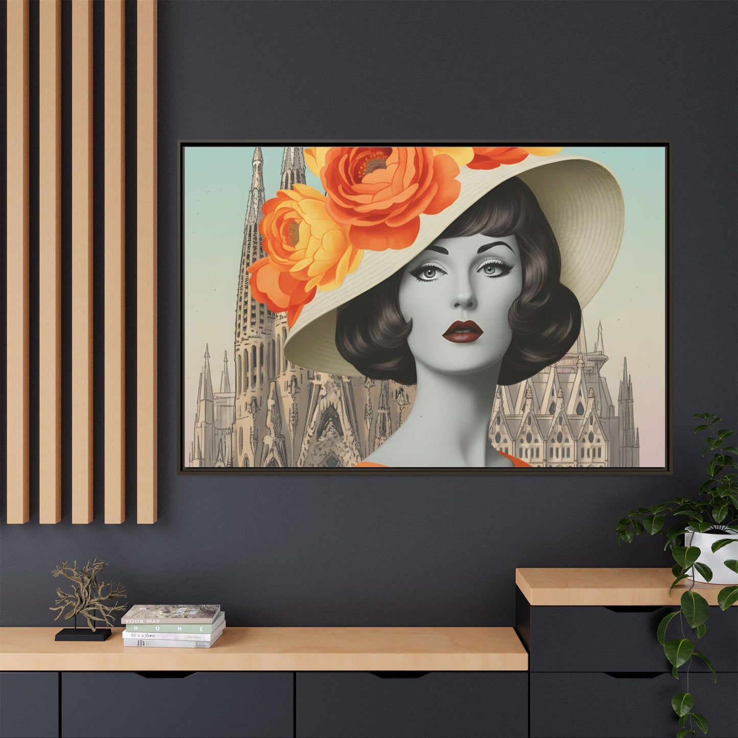 Elegant Vintage Woman with Coffee in front of Sagrada Familia in Barcelona — Retro Pop Art Framed Matte Canvas