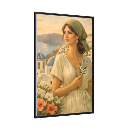 Oia Santorini Greek Woman Portrait — Romantic Vintage Framed Matte Canvas Art