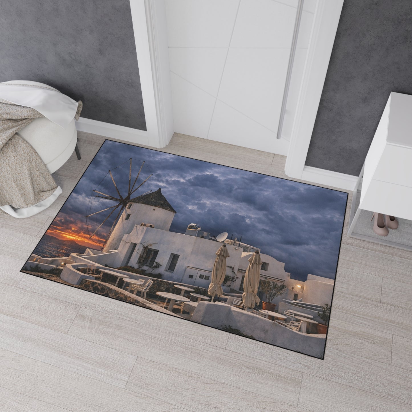 Oia Santorini Windmill Floor Mat — Mediterranean Coastal Sunset Home Decor