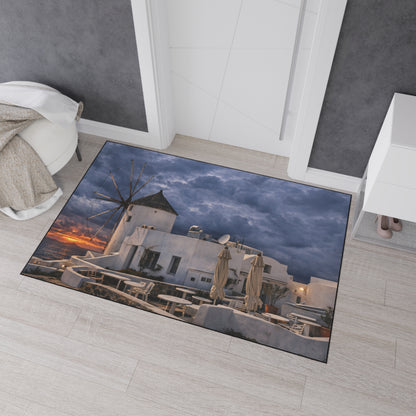 Oia Santorini Windmill Floor Mat — Mediterranean Coastal Sunset Home Decor