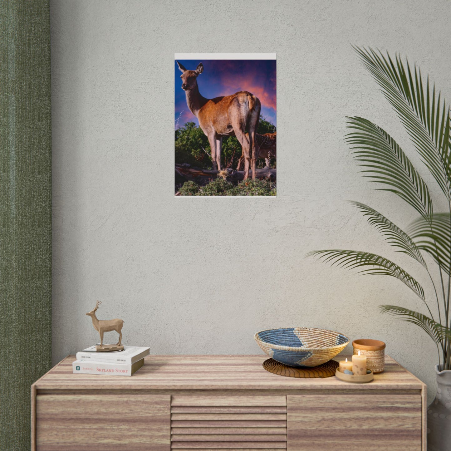 Majestic Deer Sunset Poster, Wild Doe and Fawn Nature Art, Purple Sky Wildlife Photography, Aesthetic Forest Wall Decor